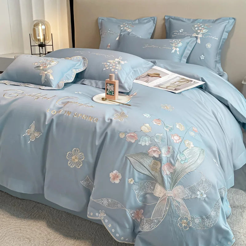 Afralia™ Chic Flowers Embroidery Princess Bedding Set - 100% Egyptian Cotton - Duvet Cover, Sheet, Pillowcases