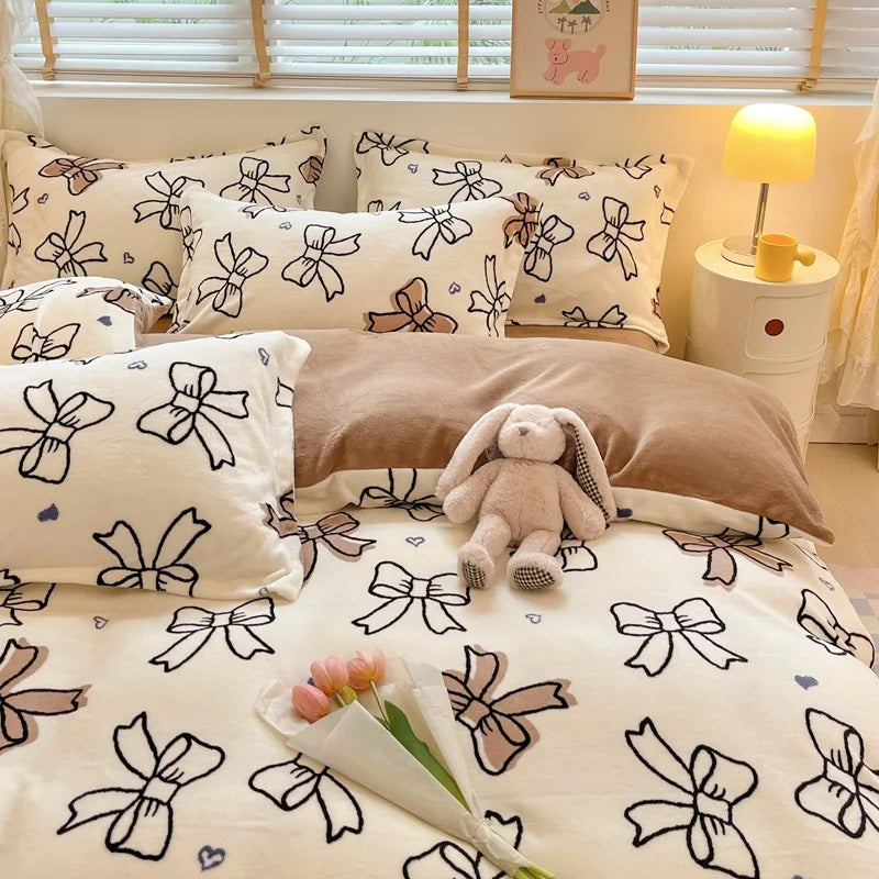Afralia™ Snowflake Velvet Cute Cartoon Flower Bedding Set for Single Queen