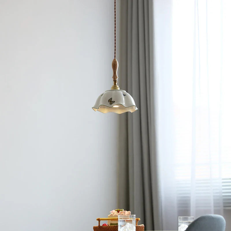Afralia™ Butterfly Ceramic LED Pendant Lamp with Wooden Handle for Home Decor