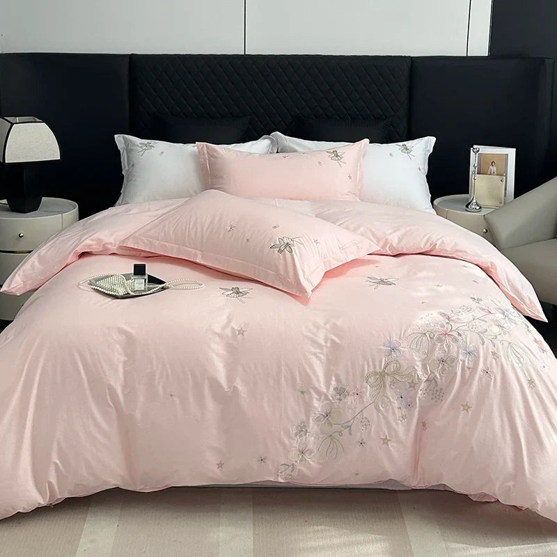 Afralia™ Princess Flower Bow Angel Embroidery Bedding Set