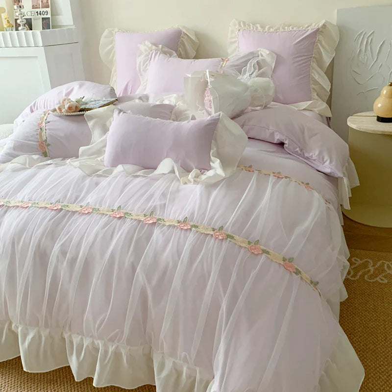 Afralia™ Pink French Princess Lace Ruffles Bedding Set with Pillowcases & Bed Sheet