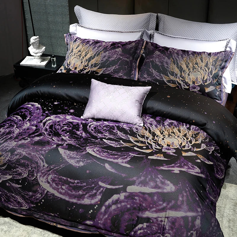 Afralia™ Luxury Purple Egyptian Cotton Jacquard Bedding Set with Duvet Cover, Sheet, Pillowcases