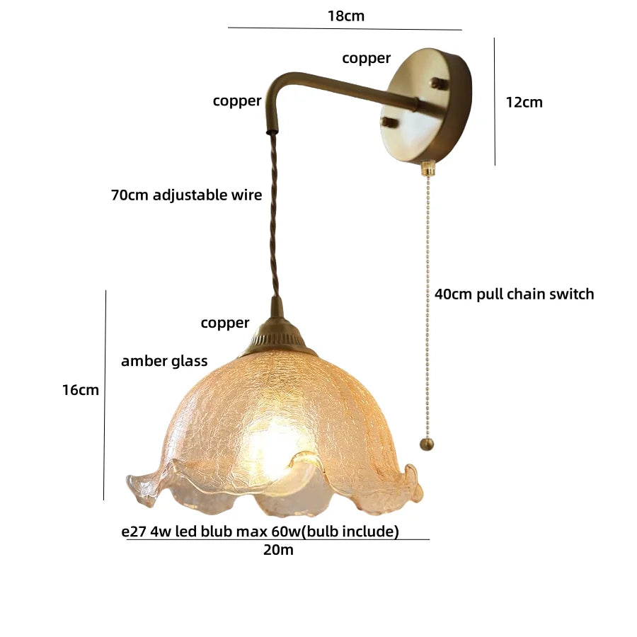 Afralia™ Amber Glass LED Wall Sconce with Pull Chain Switch for Bedroom and Bathroom