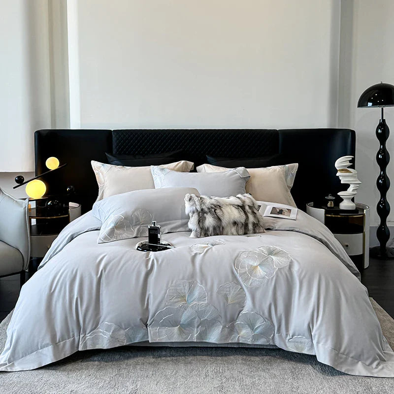 Afralia™ Pink Luxury Flower Embroidery 4-Piece Bedding Set - 1000TC Egyptian Cotton