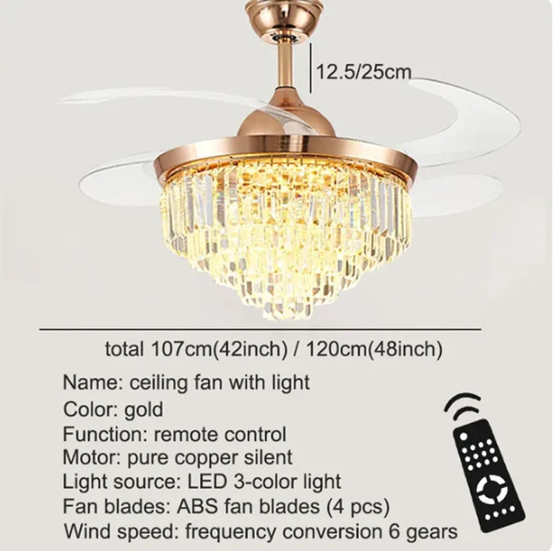Modern Crystal Ceiling Fan with LED Chandelier & Remote Control, Retractable Blades by Afralia™