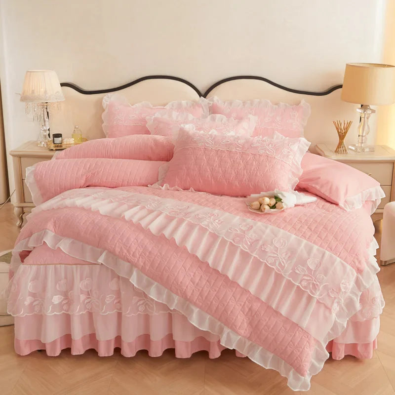 Afralia™ Quilted Embroidery Bedding Set with Lace Ruffles, Duvet Cover, Bed Skirt - Various Colors
