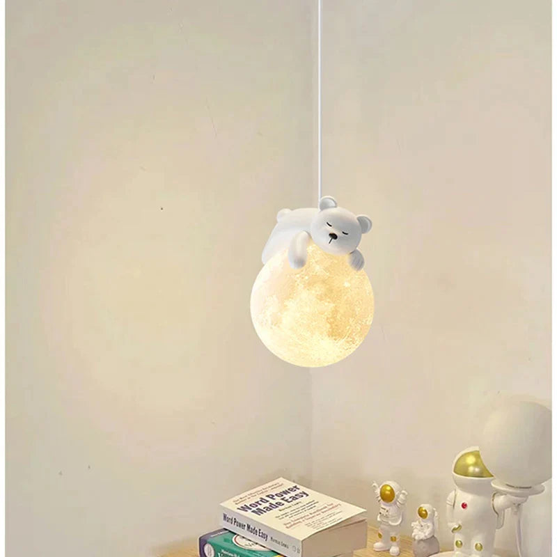 Afralia™ Moon Rabbit Pendant Lamp for Children's Room Bedside, 3D Printing, White Lampshade