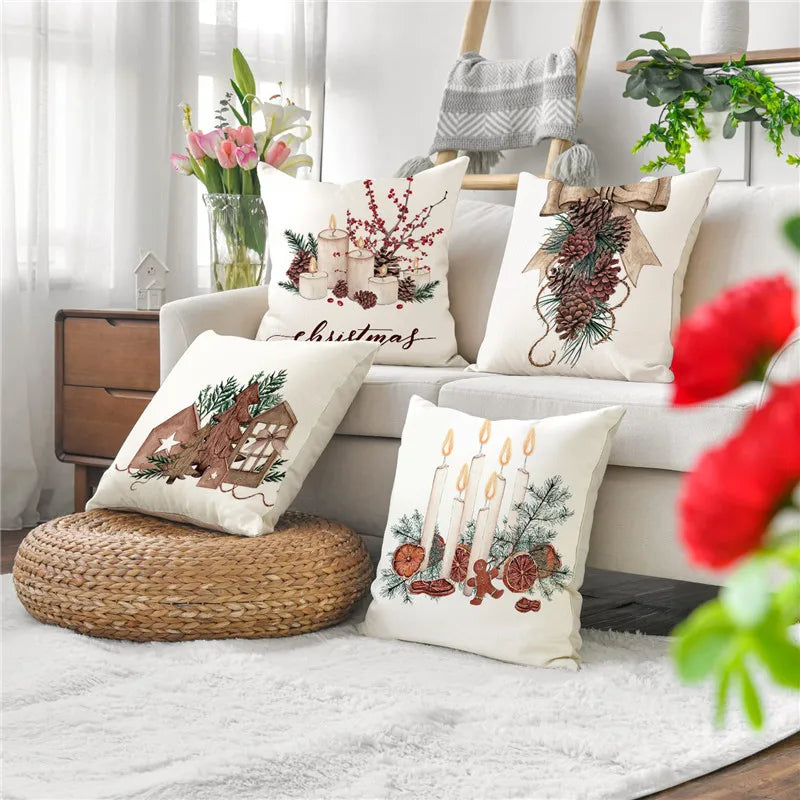 Afralia™ Pinecone Candlestick Linen Print Pillowcase - Christmas Home Decor