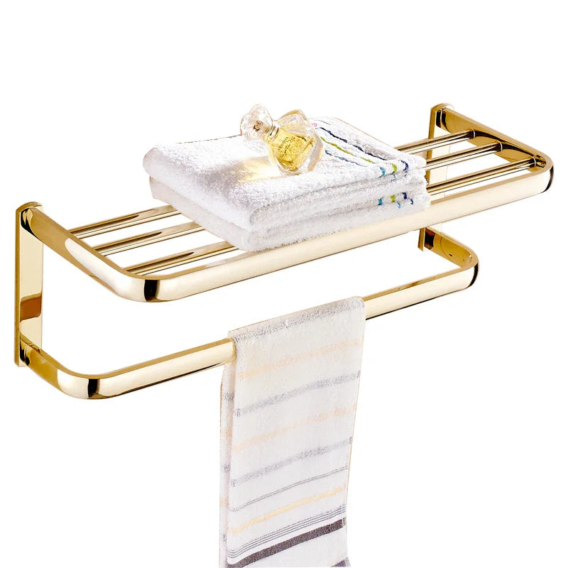 Afralia™ Gold Brass Bathroom Hardware Set: Paper Holder, Towel Bar, Soap Basket, Towel Rack