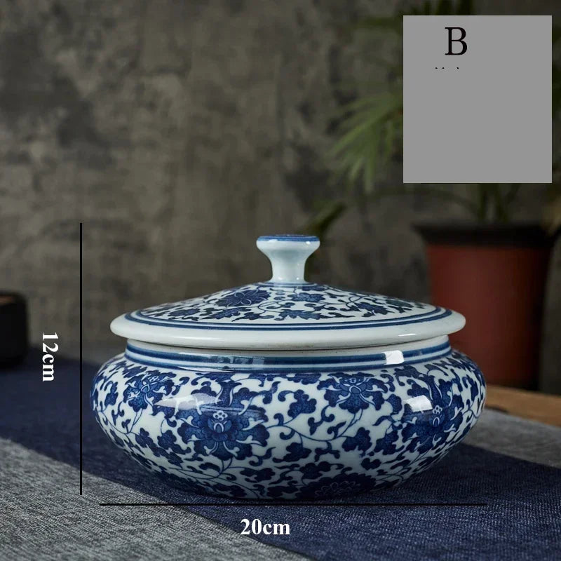 Afralia™ Blue Flower Ceramic Tea Caddy Jar - Living Room Decor or Home Ornament