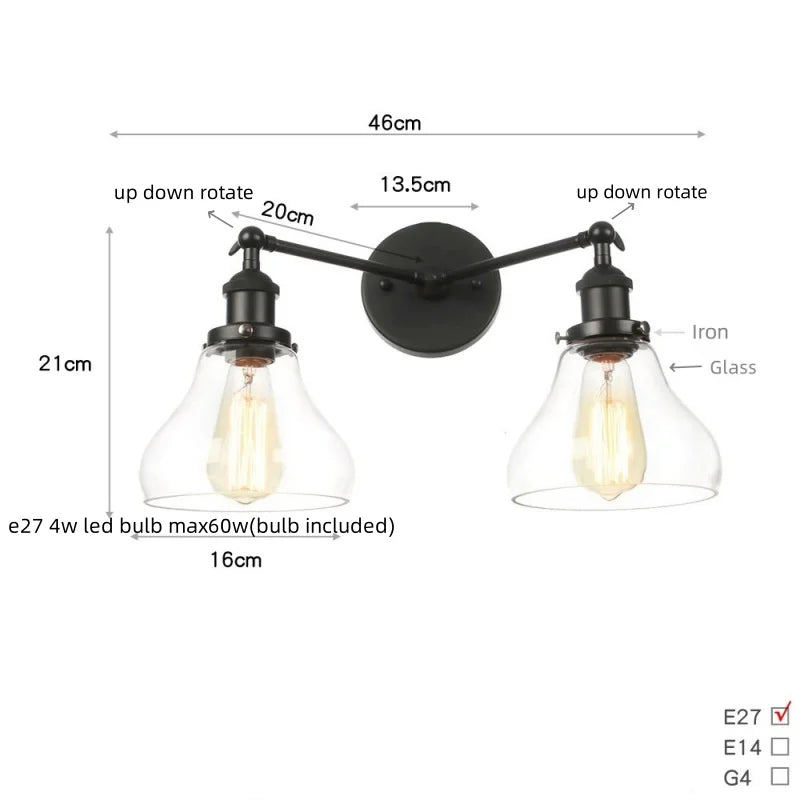 Afralia™ Black LED Wall Sconce 2-Head Lamp for Bedroom Bathroom Mirror