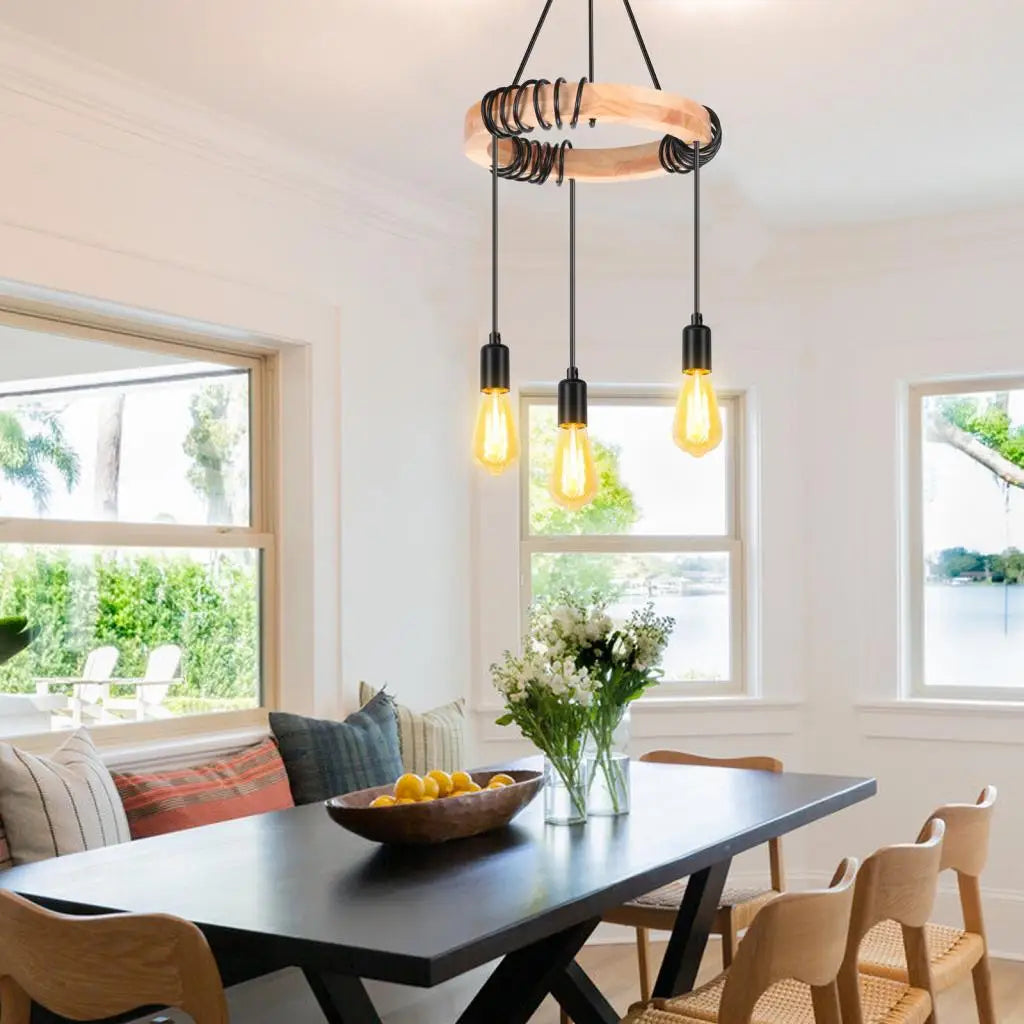 Afralia™ Wooden 3-Head Industrial Pendant Chandeliers for Home Decor