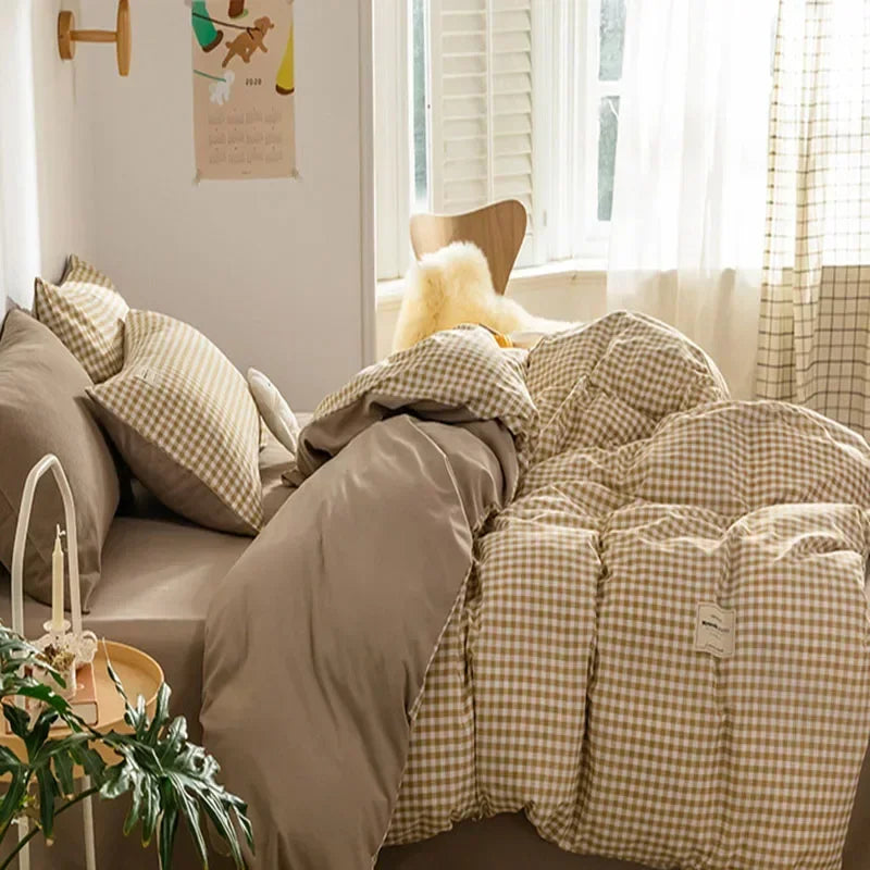 Afralia™ Japanese Grid Print Bedding Set for All Seasons, Queen/King Size Quilt Cover