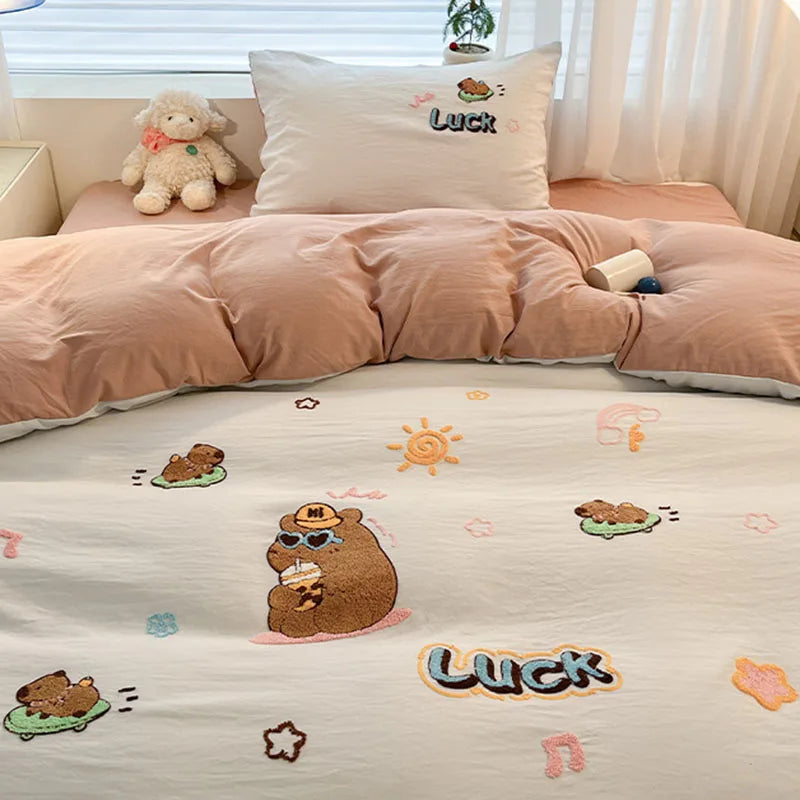 Afralia™ Cartoon Pattern Embroidered Bedding Sets: Cozy, Soft, and Breathable for Kids and Adults