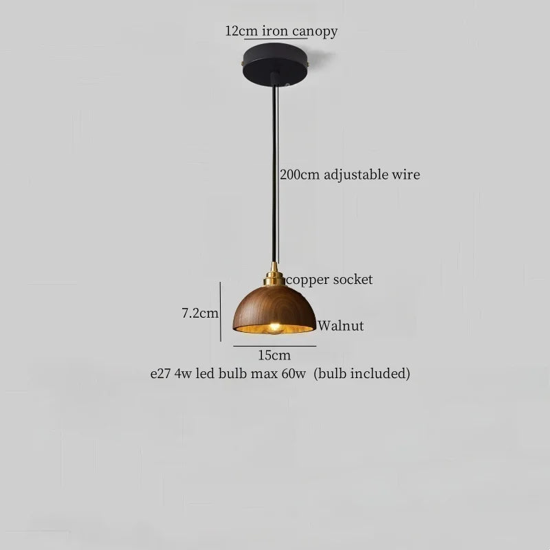 Afralia™ Japanese LED Pendant Light Vintage Style Wood Copper Hanging Lamp