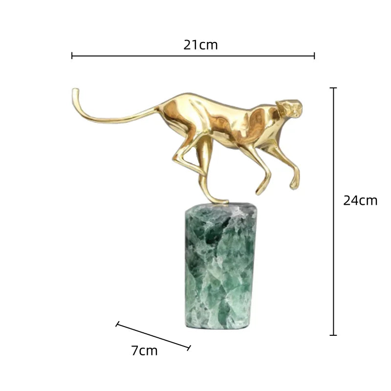 Afralia™ Golden Leopard Brass Cheetah Green Marble Figurine Metal Decor Accessory