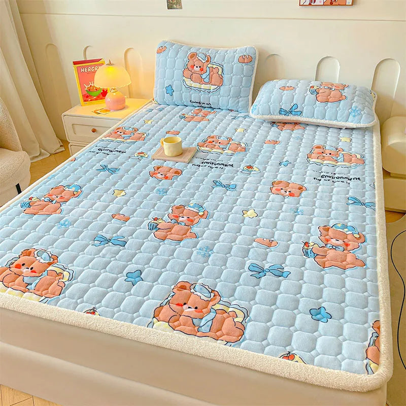 Afralia™ Milk Velvet Printed Mattress Topper: Thick Warm Cartoon Cushion for All Seasons