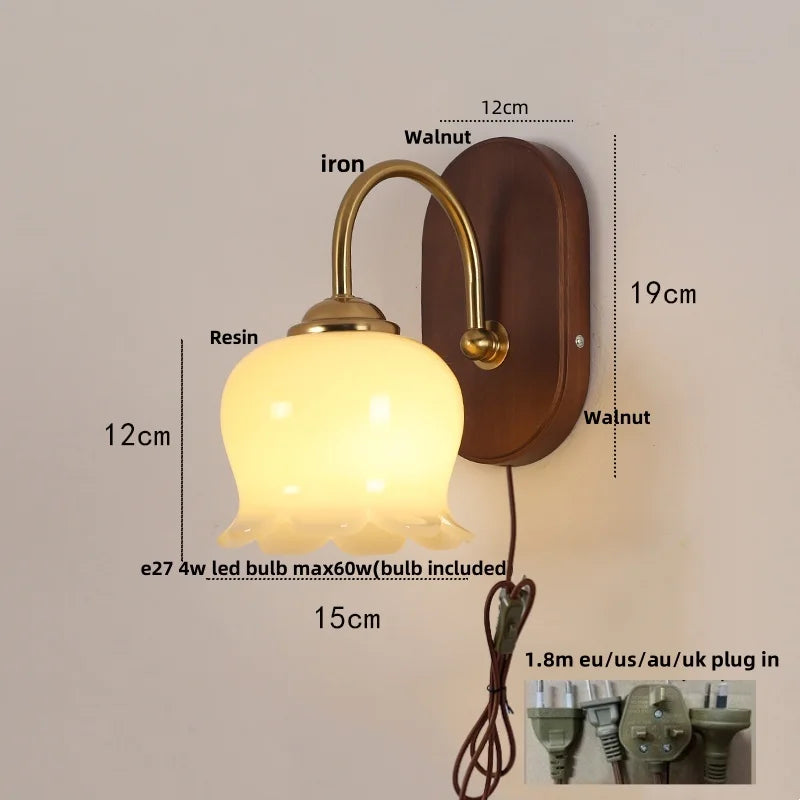 Afralia™ Modern Walnut Wood LED Wall Light Fixture with Pull Chain Switch