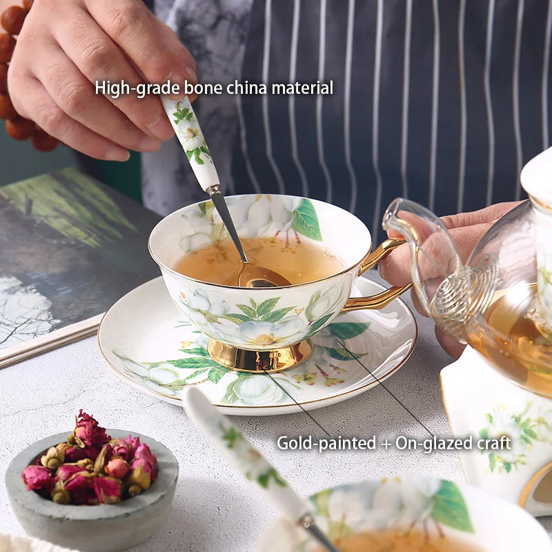 Afralia™ Camellia Floral Tea Set Bone China Glass Teapot & Ceramic Teacup Pot Strainer