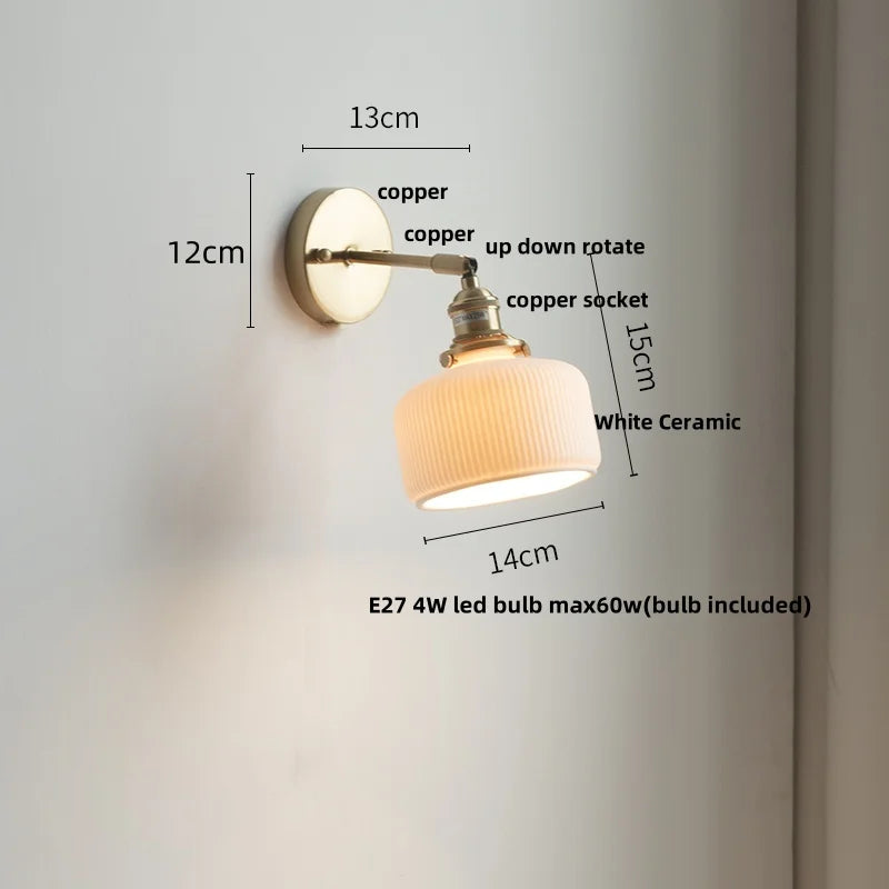 Afralia™ Copper Wall Light Fixture Bedroom Bedside Sconce White Ceramic Lamp