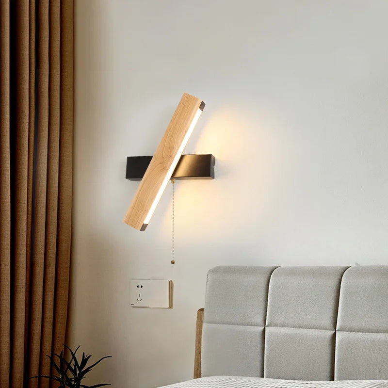 Afralia™ Rotatable Nordic LED Wall Sconce Pull Chain Switch Wood Stair Light