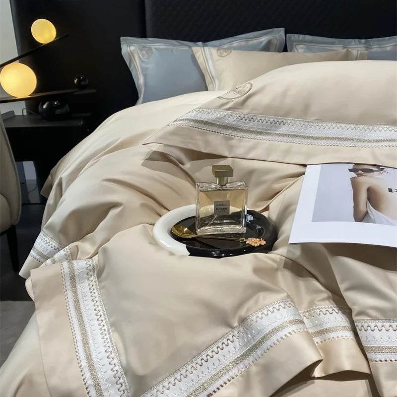 Afralia™ Luxury Butterfly Embroidery Champagne 4Pcs Bedding Set with Duvet Cover, Bed Sheet & Pillowcases