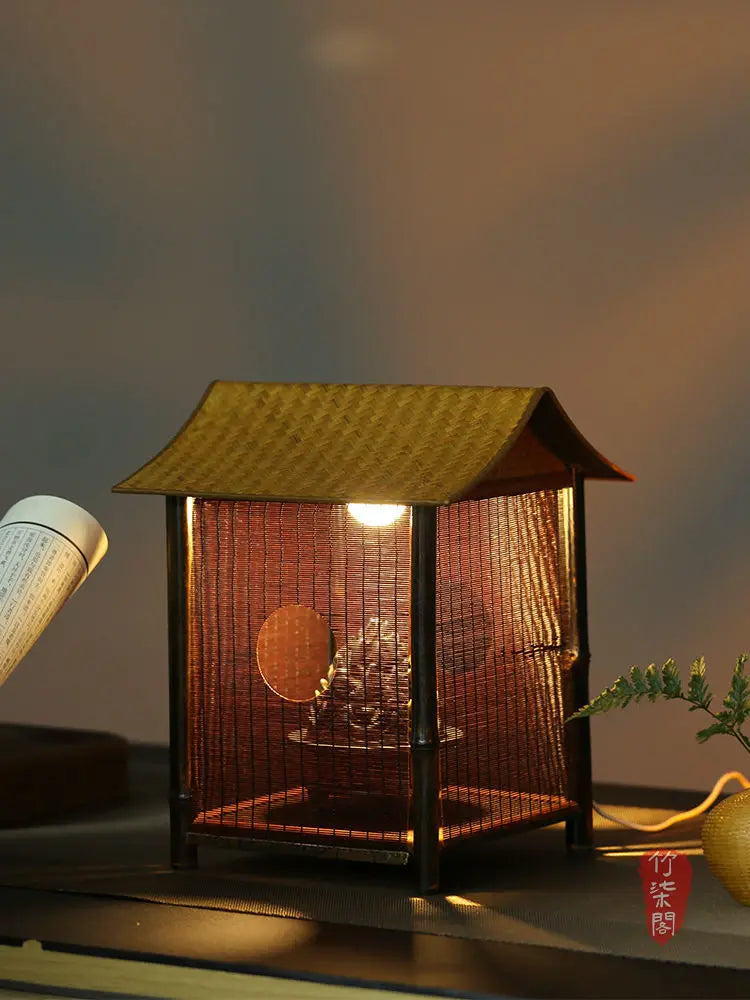 Afralia™ Purple Bamboo Weave Table Lamp Zen Style Handicraft