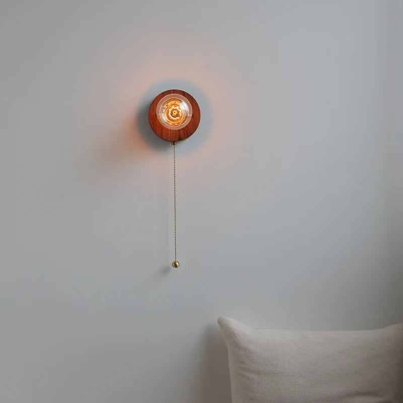 Afralia™ Vintage LED Wall Lamp Wood & Copper Pull Chain Switch, Japanese Style