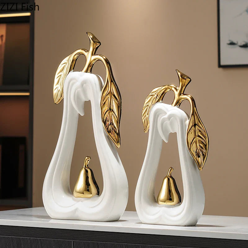 Afralia™ Gold Pear Ceramic Sculpture Desk Ornament Aesthetics Decor