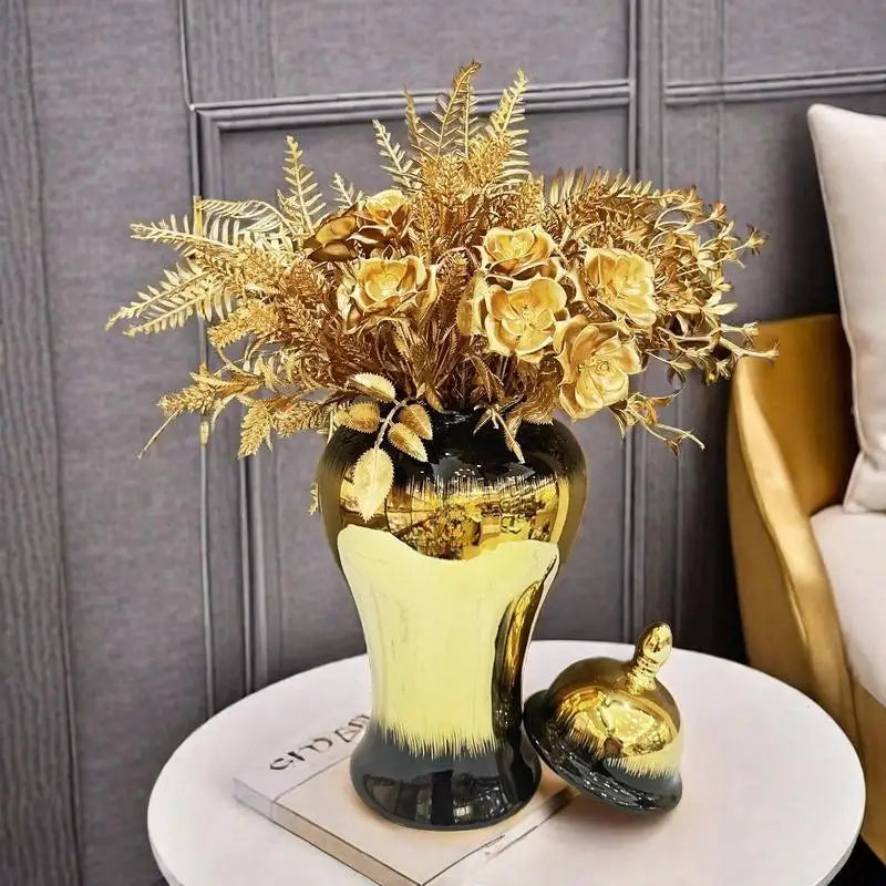 Afralia™ Black Gold Gradated Ginger Jar: Ceramic Checkmate Jar, Home Decoration Accessories