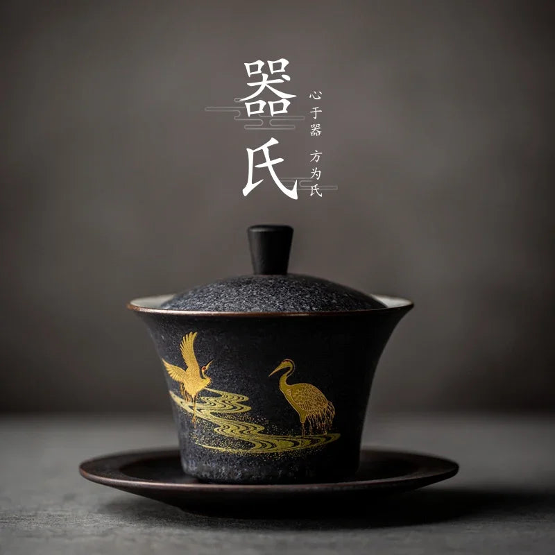 Afralia™ Handmade Ceramic Gaiwan Tea Cup Kung Fu Tea Set Tureen Drinkware