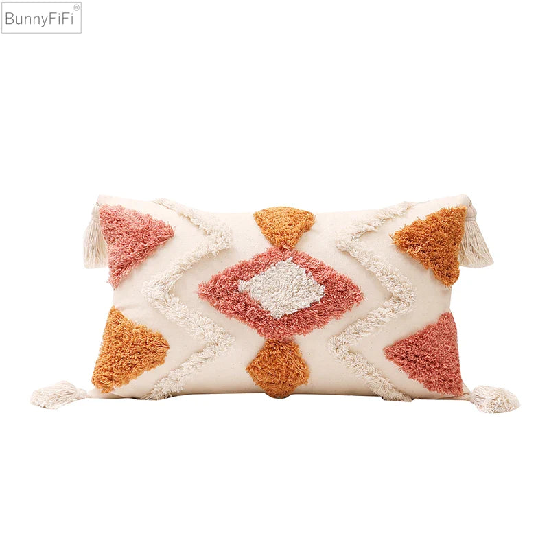 Afralia™ Tufted Orange Ivory Boho Tassel Cushion Cover 45x45cm