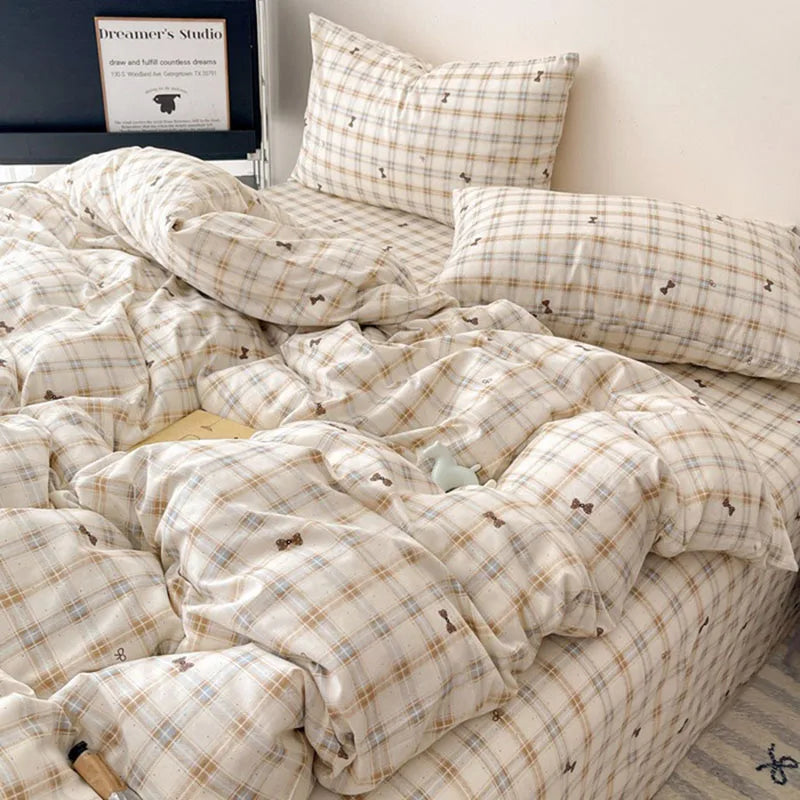 Afralia™ Natural Cotton Grid Duvet Cover - Twin Double Size