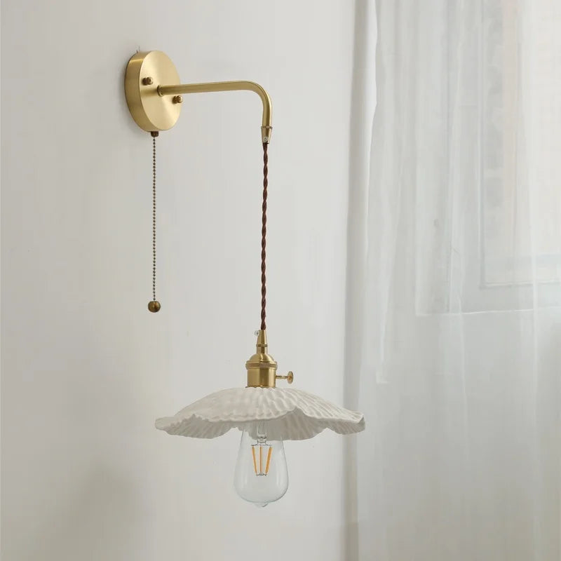 Afralia™ Copper Ceramic LED Wall Light Pull Chain Switch Modern Bedroom Lamp