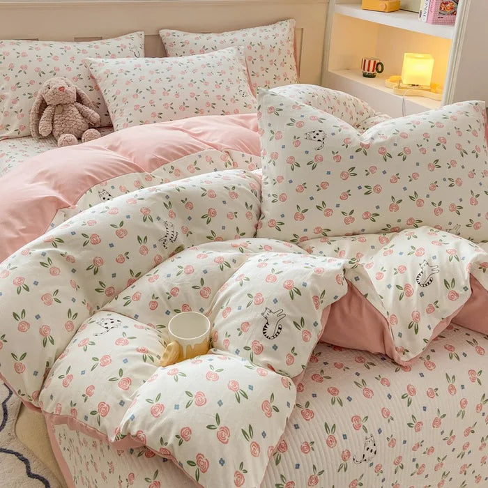 Afralia™ Cartoon Cat Floral Duvet Cover Set - Pink Kids Girls Bedroom Decor