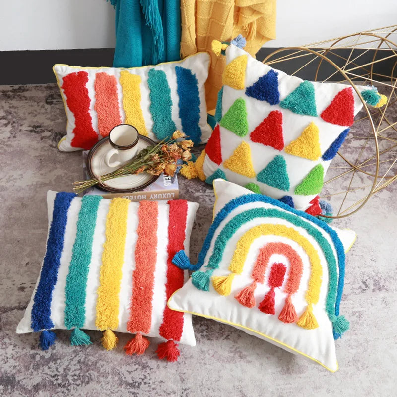 Rainbow Boho Tassel Cushion Covers for Stylish Home Decor by Afralia™