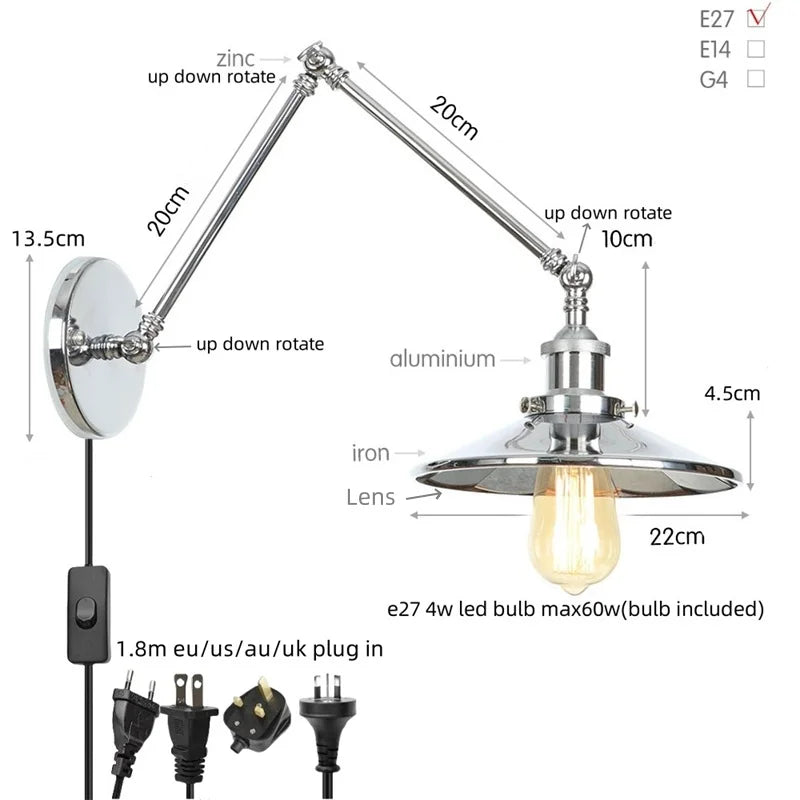 Afralia™ Vintage Industrial Long Arm Adjustable LED Wall Sconce Pull Chain Switch Bedside Lamp