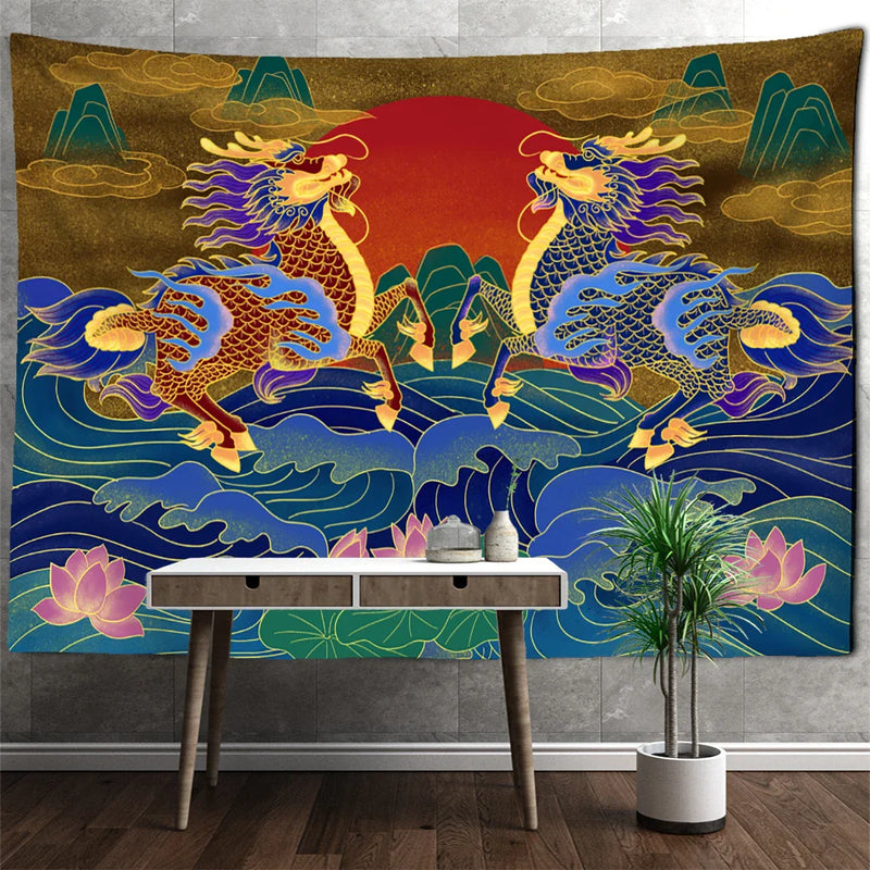 Afralia™ Golden Dragon Totem Carving Tapestry: Mysterious Psychedelic Wall Hanging