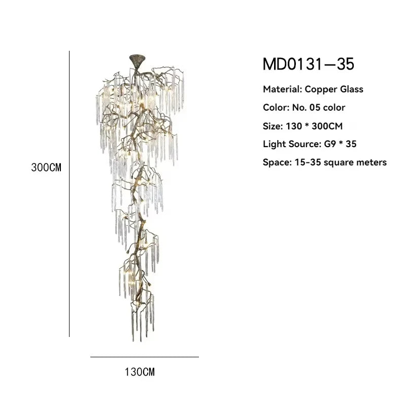 Afralia Crystal High Ceiling Staircase Chandelier Branch Hanging Loft Stairway Brass