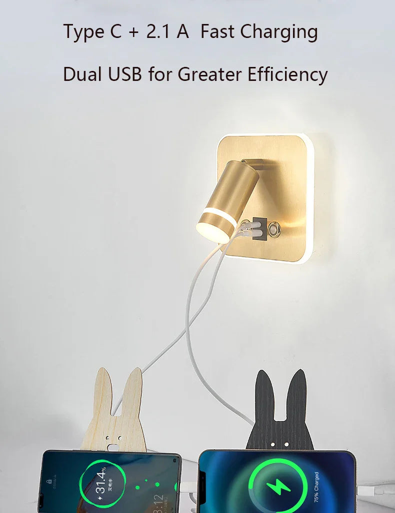 Afralia™ LED Wall Sconce Lamp Touch Switch USB Bedside Reading Light Tri-color Diammable