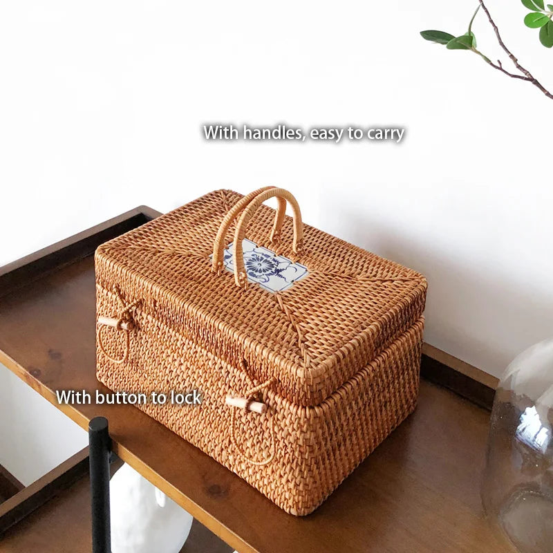 Afralia™ Handwoven Rattan Storage Box Tea Food Container with Handle