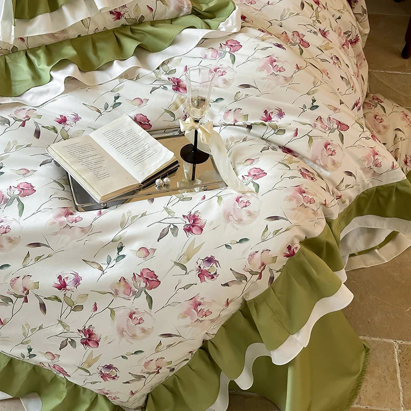 Afralia™ Rose Flowers Ruffles Princess Bedding Set 1000TC Egyptian Cotton Duvet Cover Sheets Pillowcases
