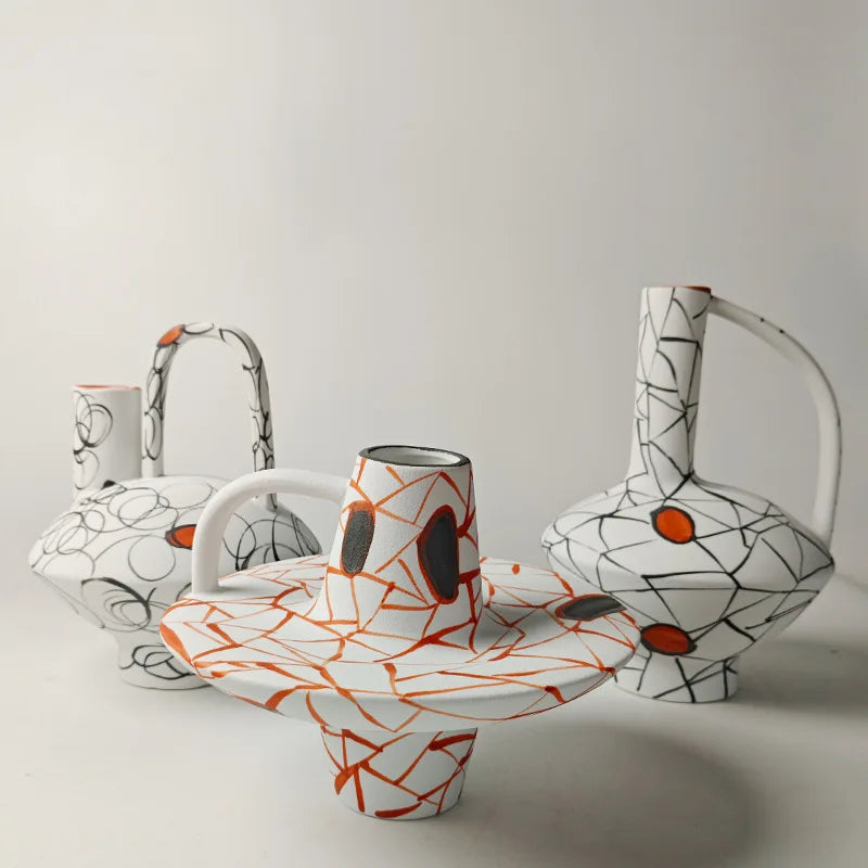 Afralia™ Geometric Line Ceramic Vase with Fringe Decoration