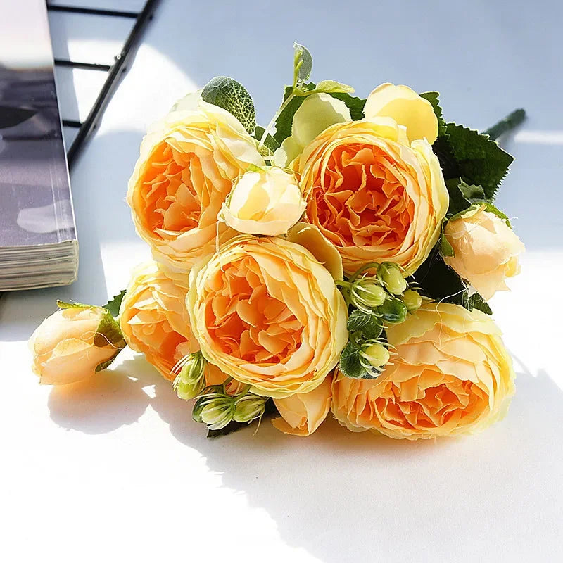 Afralia™ Yellow Peony Tea Rose Silk Flowers for Home Garden Wedding Decor