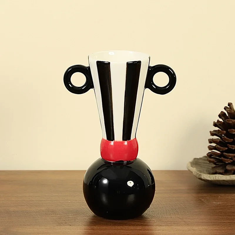 Afralia™ Geometric Stripes Ceramic Vase Black & White Home Decor