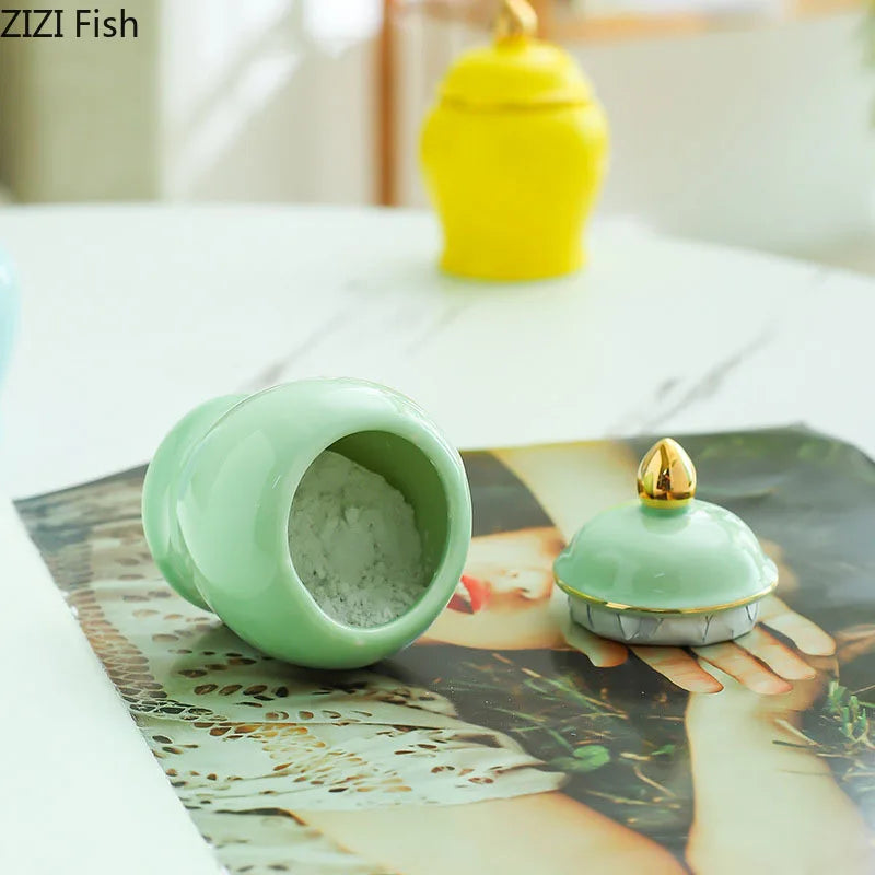 Afralia™ Gold Tea Canister Ceramic Storage Jar with Lid for Desk Decoration