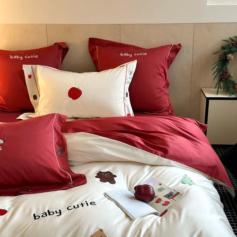 Afralia™ King Bear Embroidered Cotton Bedding Set - Luxury Duvet Cover with Bed Sheet