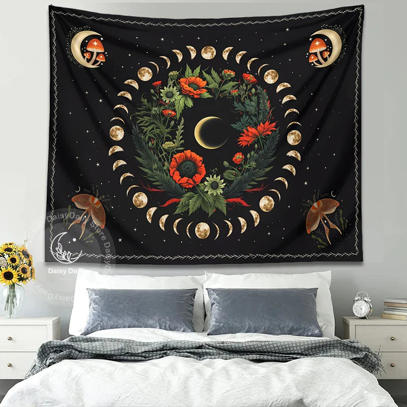 Afralia™ Moon Phase Flower Moth Tapestry: Psychedelic Floral Boho Wall Decor