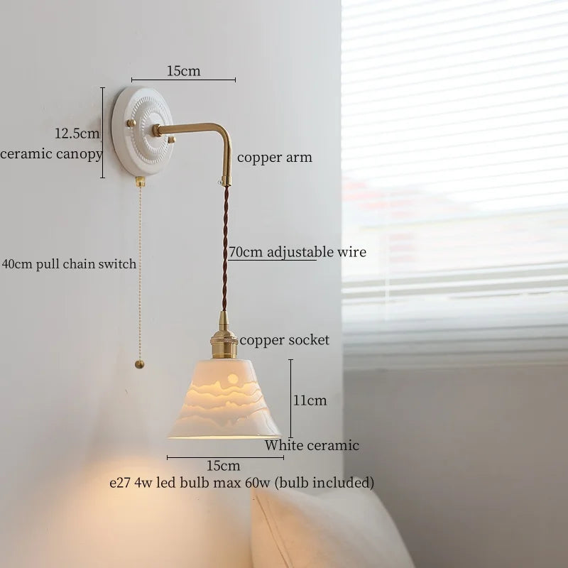 Afralia™ Ceramic Wall Sconce with Copper Arm | Pull Chain Switch LED Bedroom Lamp