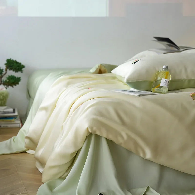 Afralia™ Cartoon Embroidery Comforter Set with Silky Cooling Touch Fitted Sheet - Luxury Rayon Bedding Set